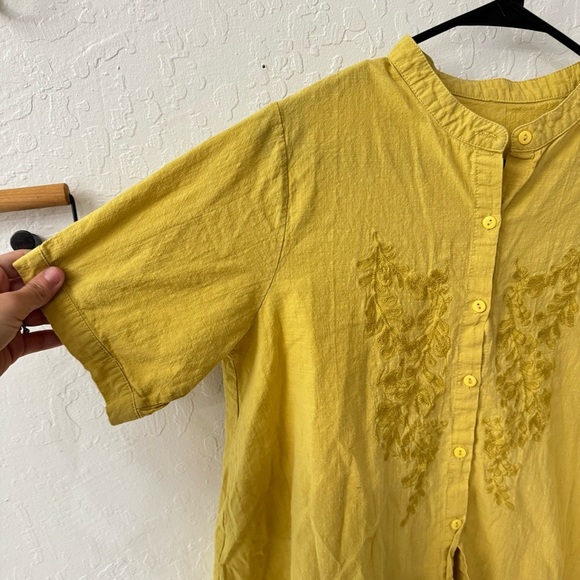 Yellow Linen Cotton Blend Boxy Embroidered Button Down Short Sleeve - Picture 2 of 6